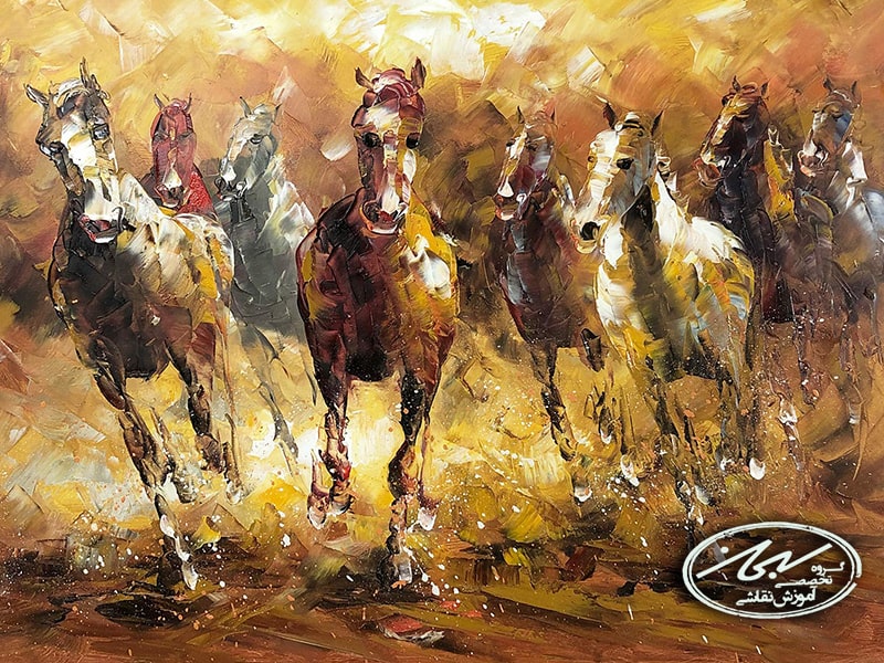نقاشی با رنگ روغن اسب سواری