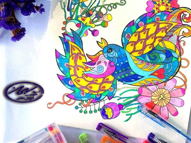 نقاشی با خودکار رنگی پرنده